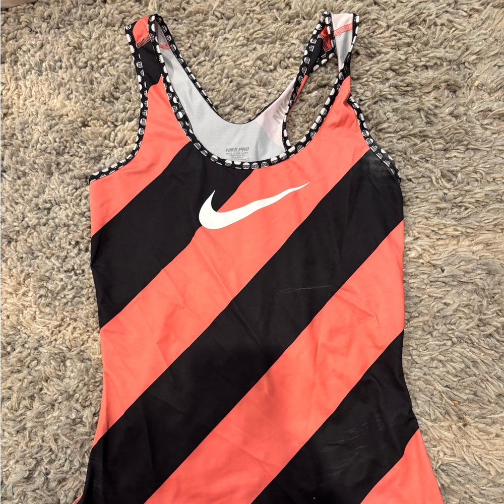 Nike Coral and Black Diagonal Stripe One-Piece Swimsuit